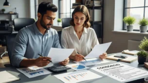 Um casal profissional está sentado em uma mesa de escritório moderna, revisando documentos de consórcio. Sobre a mesa, há gráficos financeiros, uma calculadora e uma lista impressa de prós e contras. O ambiente é um escritório moderno com iluminação natural, refletindo um momento de análise e tomada de decisão financeira.
