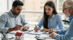 Três adultos em uma mesa de escritório moderna analisam documentos de consórcio. Há papéis, gráficos financeiros, uma pequena maquete de casa e uma calculadora sobre a mesa. O ambiente é iluminado e profissional, com foco em colaboração e planejamento financeiro, sob luz natural e texturas ultra-realistas.